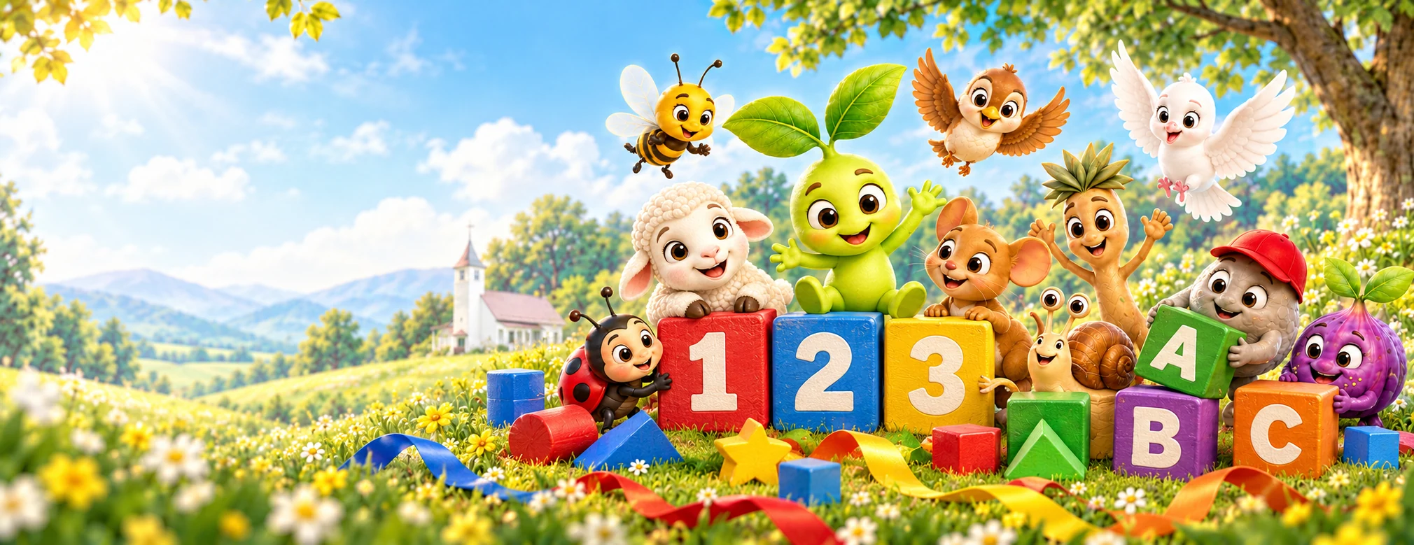 The Little Sprouts gather around 1, 2, 3 and A, B, C blocks in a sunny meadow