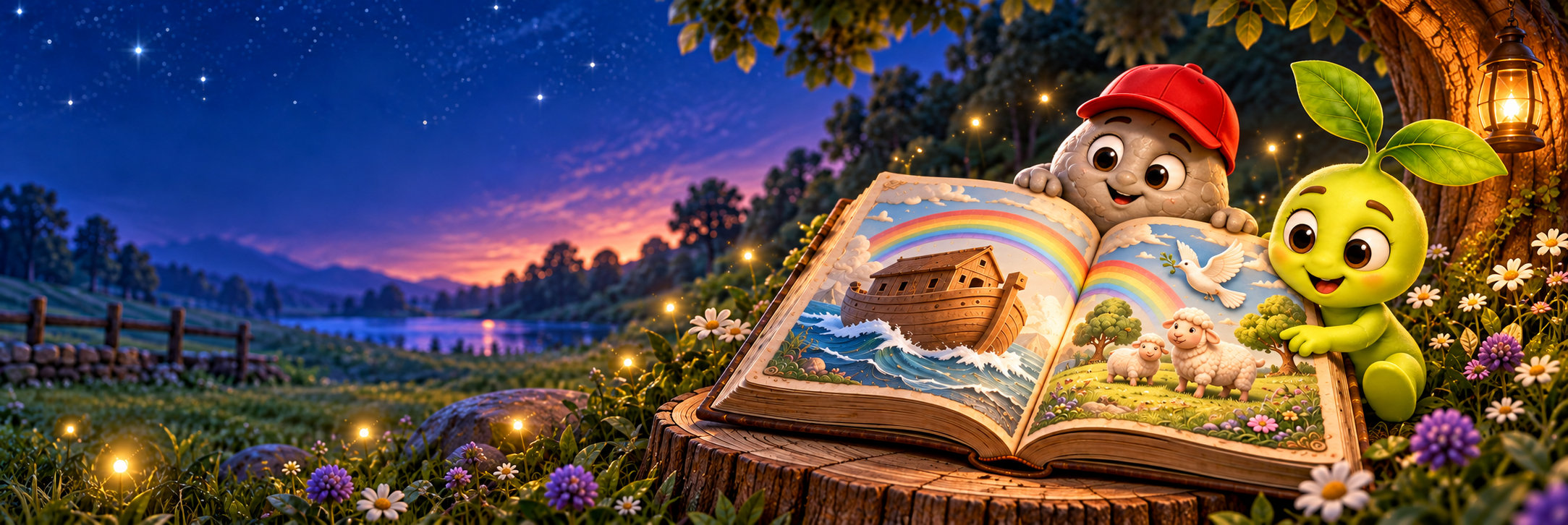 Sprout and Pebble reading an open picture book about Noah's ark and God's rainbow promise