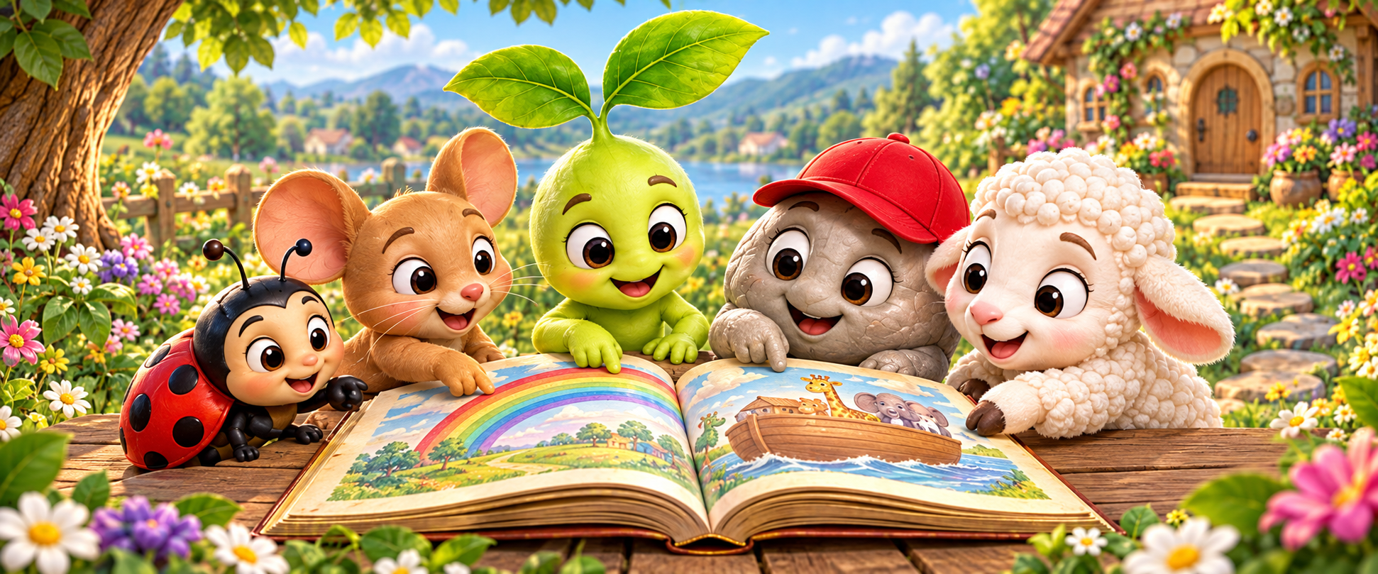 Little Sprouts friends share an illustrated Bible story together