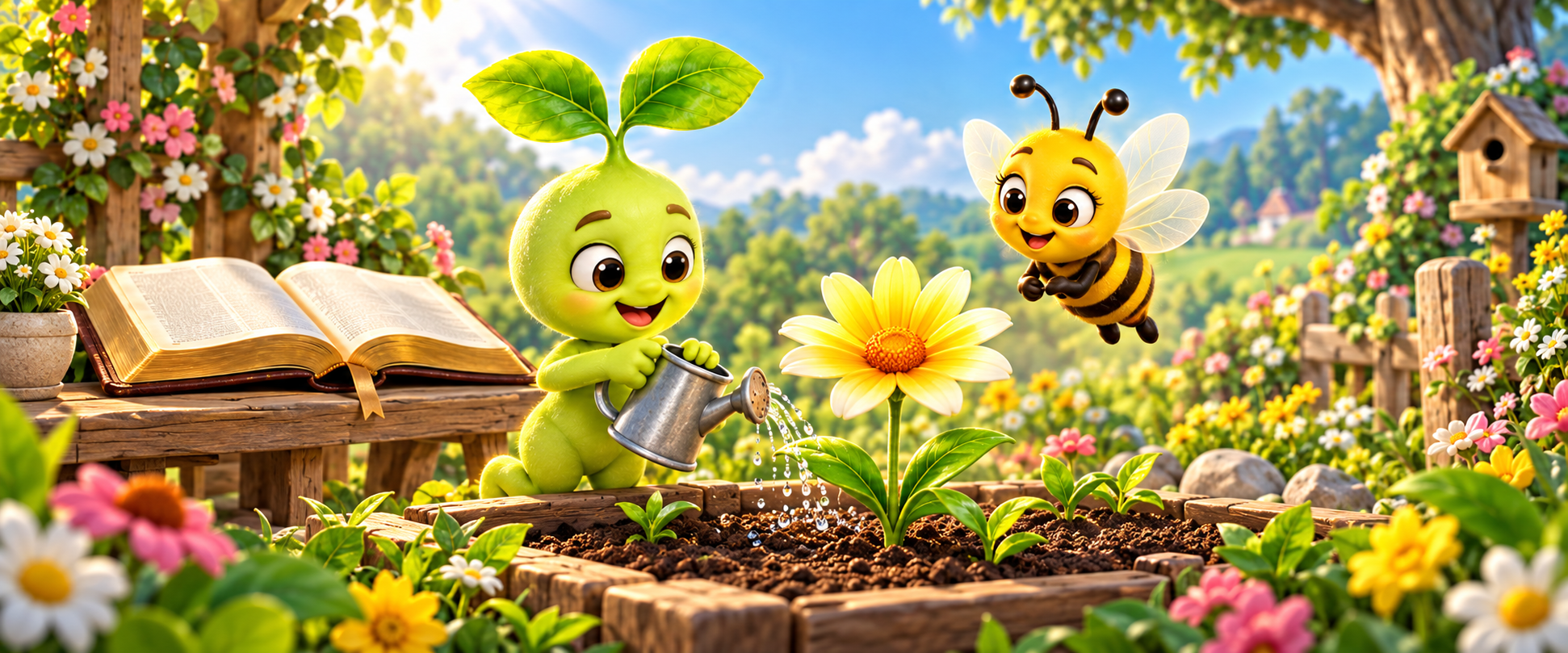 Sprout and Honey tend a flower beside an open Bible